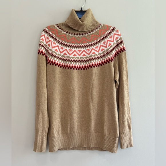 LL Bean Fair Isle Yolk Turtleneck Cotton Cashmere Sweater Tan and Coral, S - Picture 1 of 8